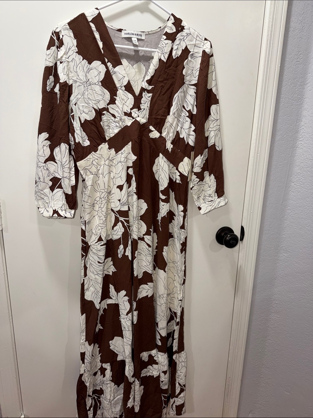 Harlowe & Graham Brown and Cream Floral V-Neck Maxi Dress with Empire Waist